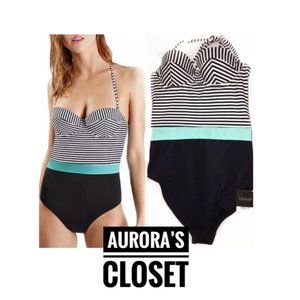 COPY - Topshop 2 Black Stripe Halter One Piece Swimsuit